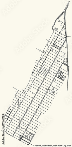Black simple detailed street roads map on vintage beige background of the quarter Harlem neighborhood of the Manhattan borough of New York City, USA