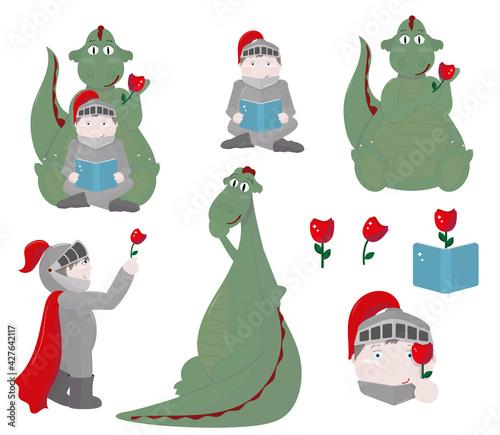 Set with Saint george, dragon, book and rose (San Jordi, in catalan language, is the patron saint of Catalonia). Vector Illustration