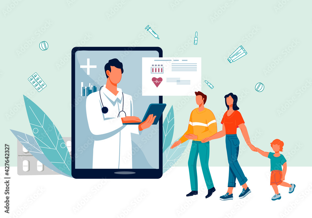 Online medical prescription and family doctor banner with cartoon characters of medicine on tablet screen and patients, flat vector illustration. Online pharmacy and distance medical consultation. Online medical prescription and family doctor banner with cartoon characters of medicine on tablet screen and patients, flat vector illustration. Online pharmacy and distance medical consultation.