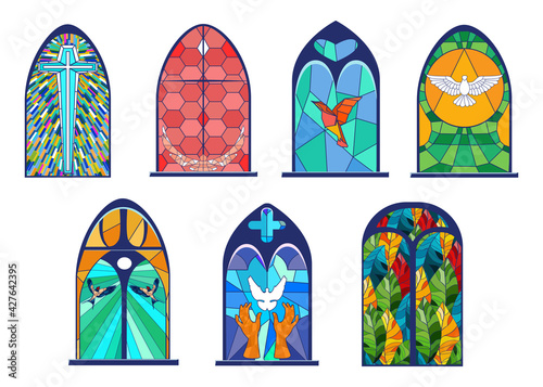 Cartoon set of old stained glass windows vector illustration. Fantasy glass painting, gothic architectural artwork with birds and cross. Architecture, gothic style, window design, art concept