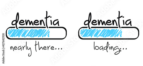Slogan dementia, nearly there or loading. Alzheimer Disease. Mind Memory Loss Problem. Flat vector demented sign.