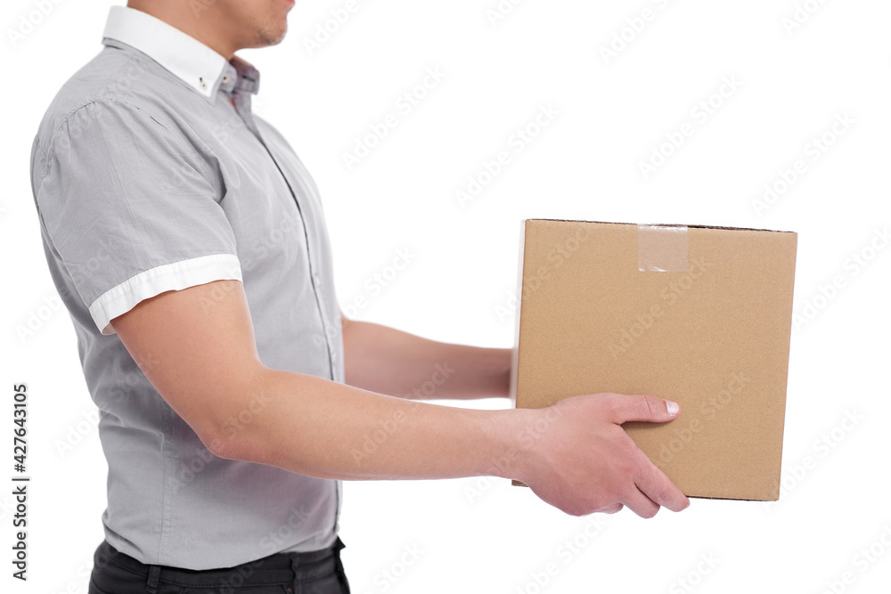 side view close up of a man giving box isolated on white background.
