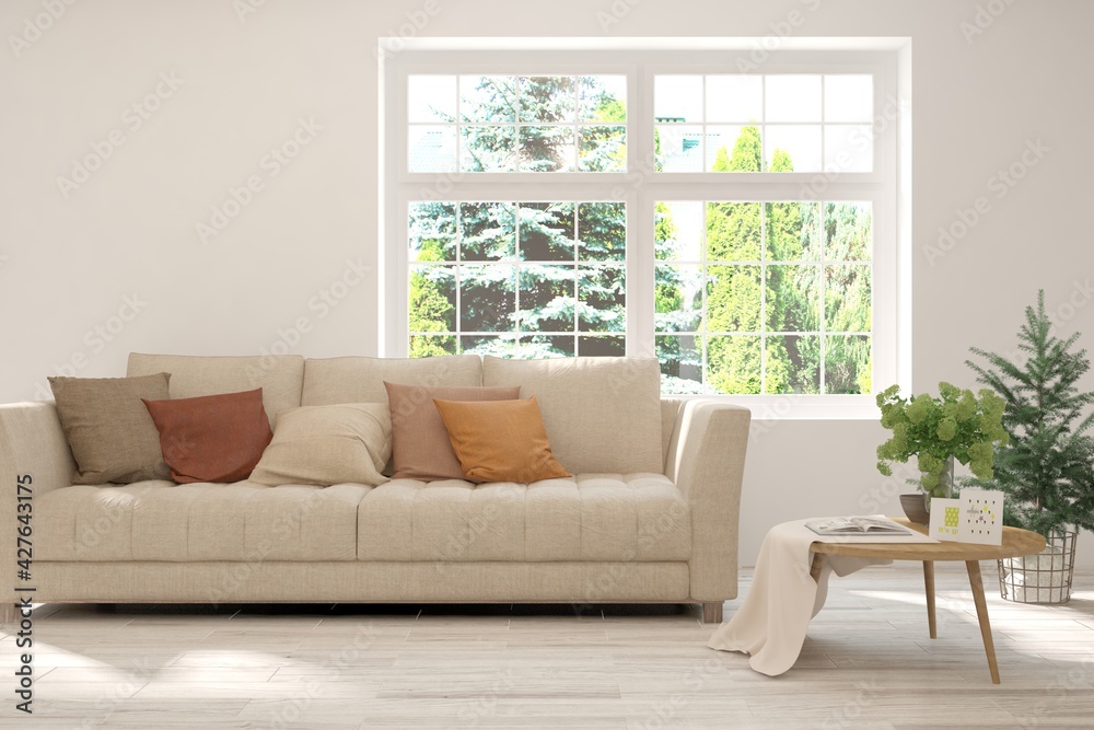Fototapeta premium White living room with sofa and summer landscape in window. Scandinavian interior design. 3D illustration