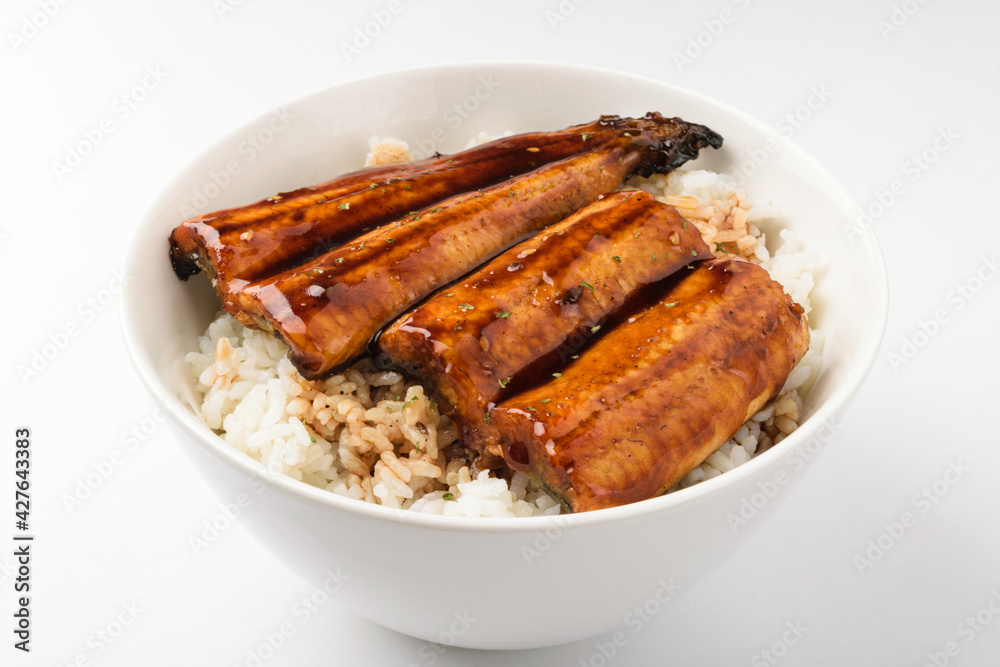 Eel rice bowl on white background Eel rice bowl on white background