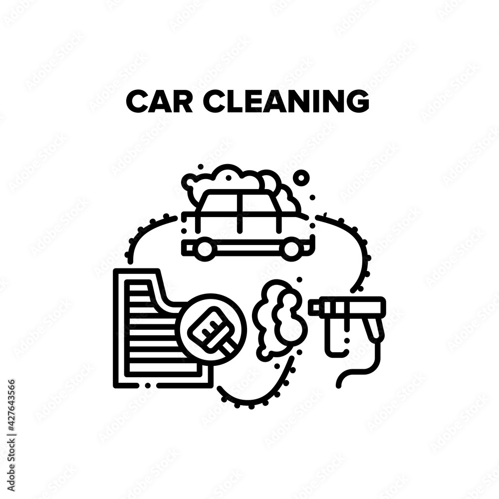 Car Cleaning Vector Icon Concept. Car Cleaning Service Washing Body With Spraying Equipment And Foam, Cleaning Carpet And Salon With Brush. Wash Automobile Business Black Illustration