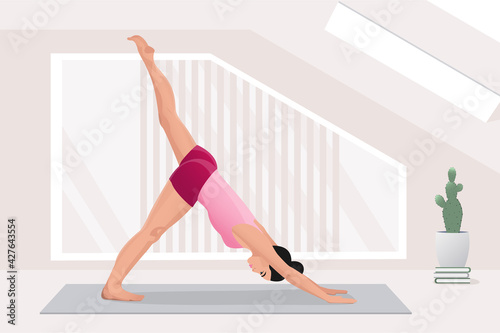 happy woman doing yoga exercises, practicing stretching on mat in yoga studio or home. vector illustration