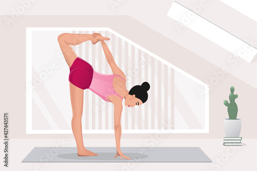 happy woman doing yoga exercises, practicing stretching on mat in yoga studio or home. vector illustration
