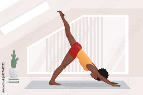african american woman doing yoga exercises, practicing stretching on mat in yoga studio or home. vector illustration