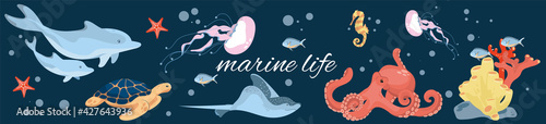 Set with marine inhabitants living on the ocean floor. Marine animals. A graphic element of summer or marine design. Vector illustration in cartoon style. Border, frame.