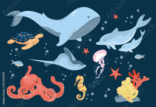 Set with marine inhabitants living on the ocean floor. Marine animals. A graphic element of summer or marine design. Vector illustration in cartoon style.