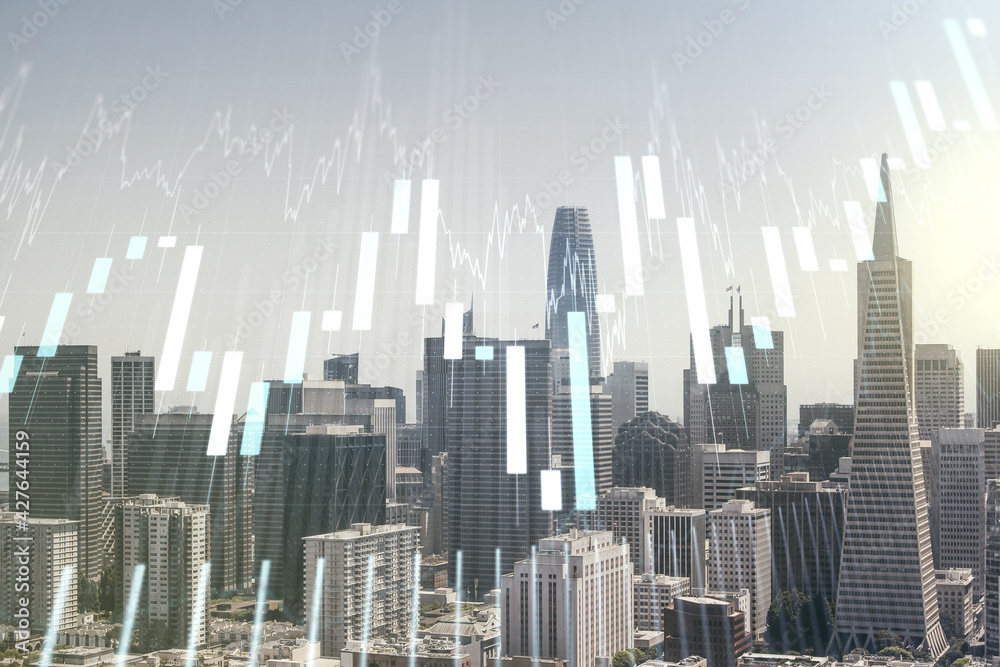 Double exposure of virtual creative financial diagram on San Francisco office buildings background, banking and accounting concept