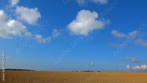 Open spring farm landscapes with big blue sky & plenty of space for test, type