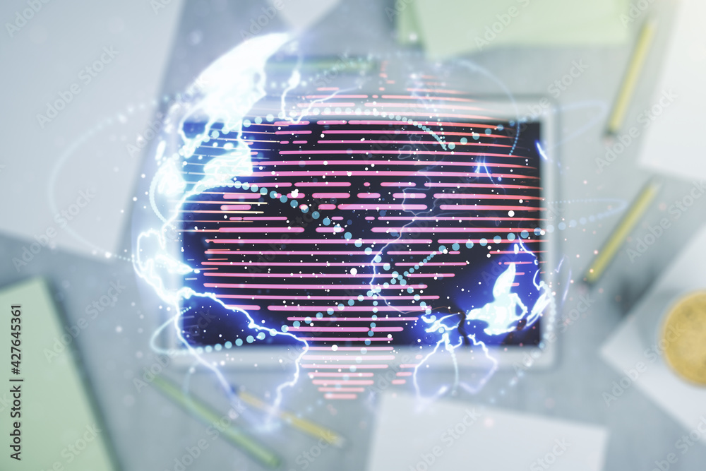 Double exposure of abstract digital world map with connections and modern digital tablet on background, big data and blockchain concept Double exposure of abstract digital world map with connections and modern digital tablet on background, big data and blockchain concept