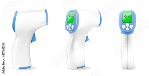 Illustration of non-contact laser thermometers from different angles. Infrared non-contact laser thermometer for remote temperature measurement in case of illness or virus, realistic 3d vector