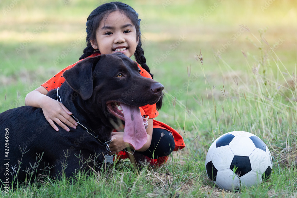 A young Asain girl playing football with her big black dog outside the grass ground in the yard in the evening. , A young Asain girl playing football with her big black dog outside the grass ground in the yard in the evening. ,