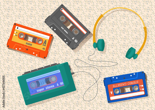 Collection of tapes with headphones and cassette player. Analog player on floral background cartoon illustration. Nostalgia, old school music, retro technology design, vintage concept