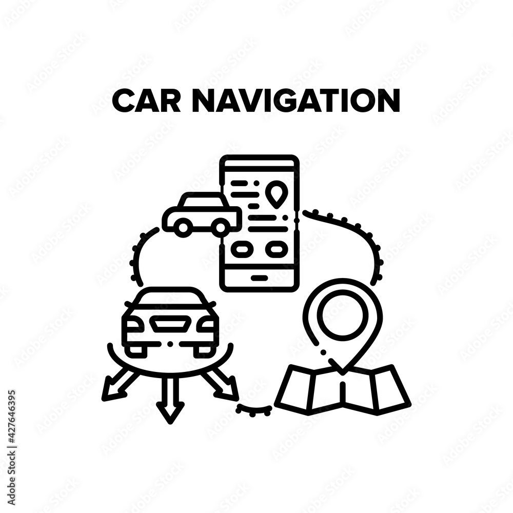 Car Navigation Vector Icon Concept. Car Navigation Electronic Gadget Or Smartphone Application For Searching Way Direction. Gps Mark On Map For Showing Vehicle Location Black Illustration Car Navigation Vector Icon Concept. Car Navigation Electronic Gadget Or Smartphone Application For Searching Way Direction. Gps Mark On Map For Showing Vehicle Location Black Illustration