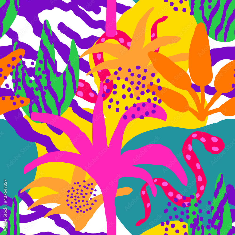 Bright Leaves and Doodles Asian Vector Seamless Pattern. Green and Orange Trendy Jungle Animal and Floral Swimsuit Print. Spring Wallpaper. Bright Leaves and Doodles Asian Vector Seamless Pattern. Green and Orange Trendy Jungle Animal and Floral Swimsuit Print. Spring Wallpaper.