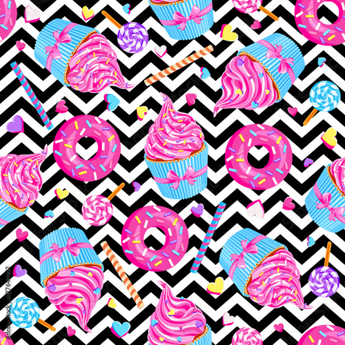 sweet pink fairy cupcakes with pink donuts, waffle, lollypops and sprinkles on striped background. Seamless pattern. Texture for fabric, wrapping, wallpaper. Decorative print.