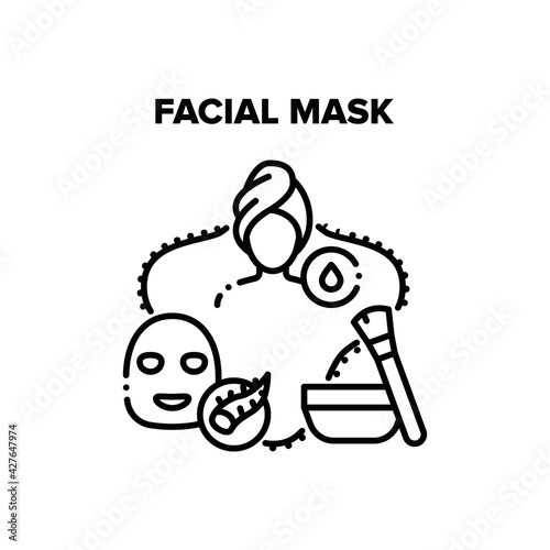 Facial Mask Vector Icon Concept. Facial Mask Beauty Salon Treatment. Face Skincare Cosmetic With Aloe Vera Bio Plant. Accessory For Moisturizing Skin, Natural Product Black Illustration