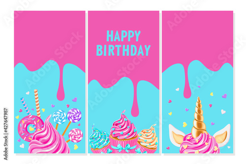 Greeting cards set. Festive unicorn cupcakes. Pink glaze and sweet pink fairy cupcake unicorn, cakes with pink donut, waffle, lollypops and sprinkles on blue background. vector illustration