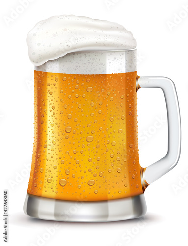 beer glass with many fresh drops on surface, isolated on white
