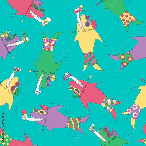 funny cartoon multi-colored sharks in Hawaiian shorts and sunglasses swallowed vacationers. Seamless pattern. Texture for fabric, wrapping, wallpaper. Decorative print.Vector illustration