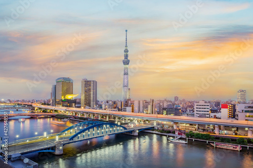 Cityscape of Tokyo skyline, panorama view of office building at Sumida river in Tokyo in the evening. Japan, Asia. © tanarch