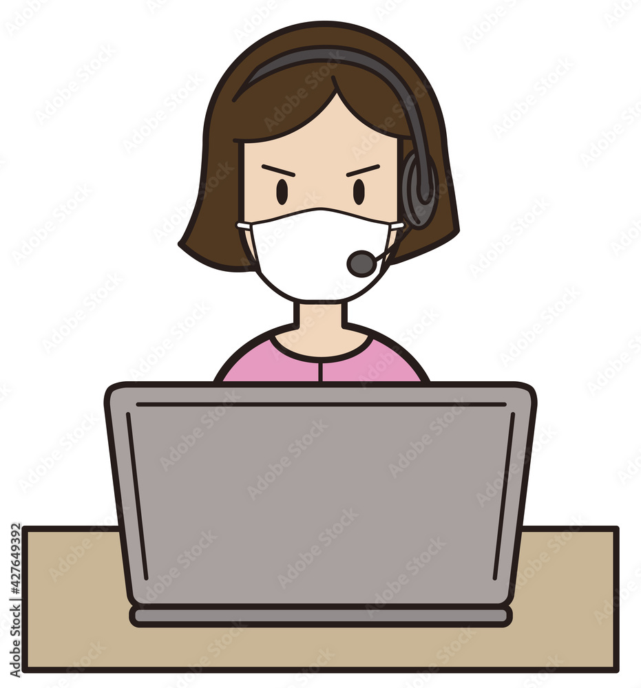 パソコン入力をしながら電話応対をするピンクの服の20代〜30代女性　コールセンター マスク　怒り顔