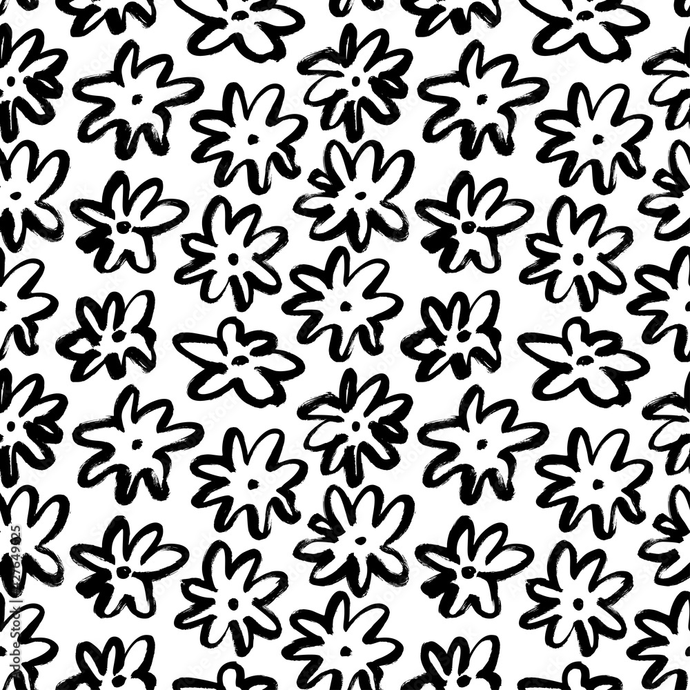 Hand drawn abstract black flower seamless pattern. Hand drawn botanical ink illustration with abstract floral motif. Vector black chamomile or daisy. Print for your fabric, wrapping paper, wallpaper Hand drawn abstract black flower seamless pattern. Hand drawn botanical ink illustration with abstract floral motif. Vector black chamomile or daisy. Print for your fabric, wrapping paper, wallpaper