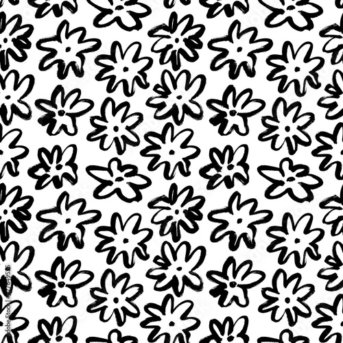 Hand drawn abstract black flower seamless pattern. Hand drawn botanical ink illustration with abstract floral motif. Vector black chamomile or daisy. Print for your fabric, wrapping paper, wallpaper