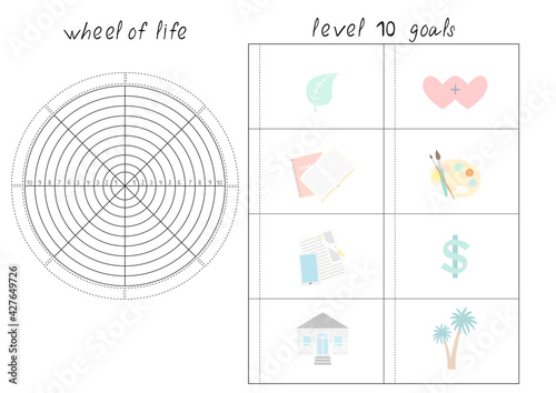 Vector illustration with Wheel of Life - diagram with blank lines to fill. Printable A4 paper sheet for coaching tool, bullet journal page, daily planner template, blank for notebook