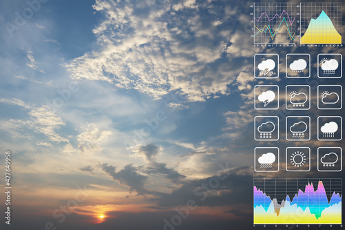 Foto Environment data symbol forecast for meteorology presentation and report background with twilight sky and silhouette  clouds on beautiful freshness morning sunrise