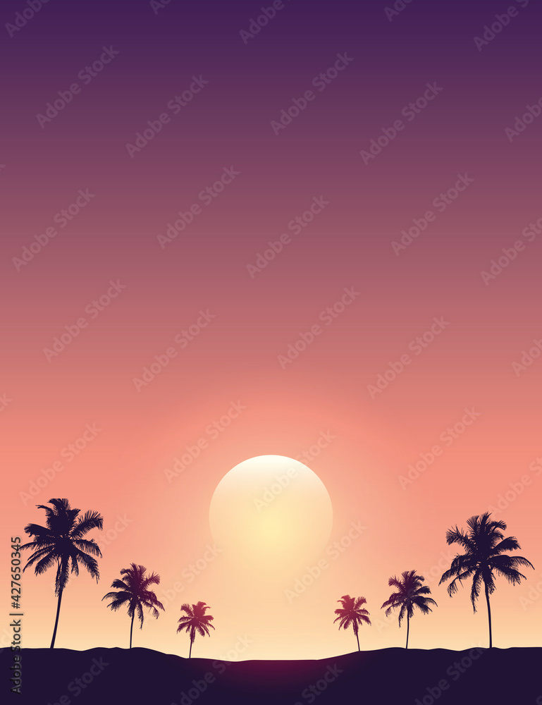 beautiful sunset on tropical palm tree silhouette background