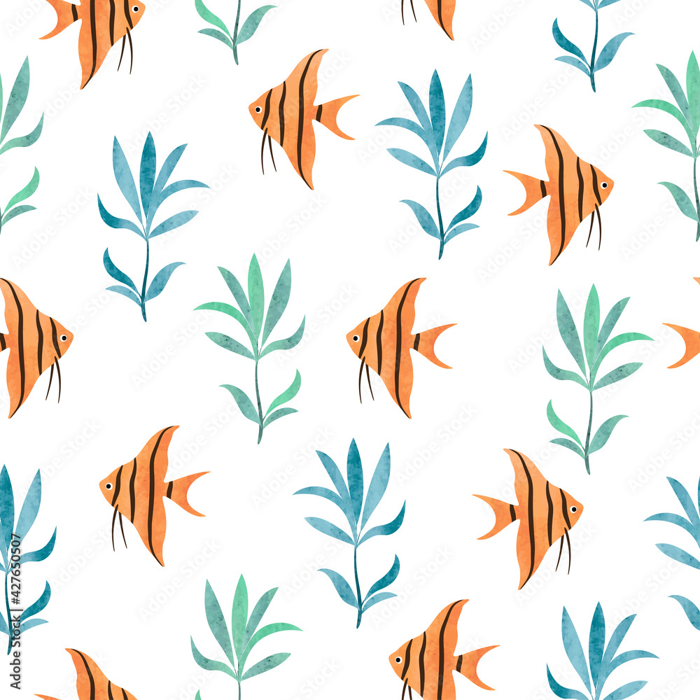 Naklejka premium Seamless watercolor Fish pattern. Underwater background. Hand drawn seaweeds and angelfish
