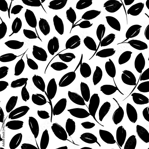 Leaves and branches vector seamless pattern. Black brush leaves and twigs. Olive branch modern ornament. Black ink texture with foliage. Hand drawn eucalyptus, laurel twig. Abstract plant motif