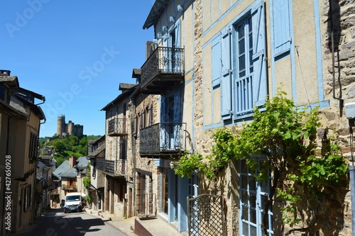 The narrow and picturesque alleys of Najac. Old stone houses decorated with flowers. South France. 