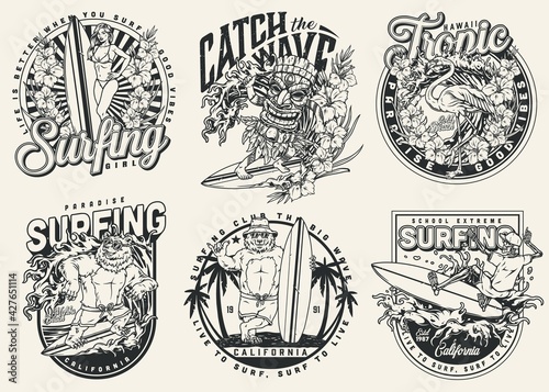 Vintage monochrome surfing badges