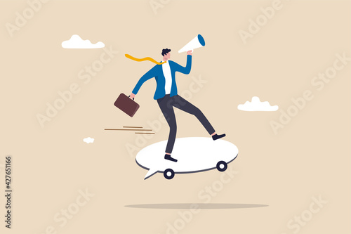 Fast communication, business soft skill to communicate with team or customers, storytelling with precise message, smart businessman riding fast speech bubble holding megaphone to telling message.