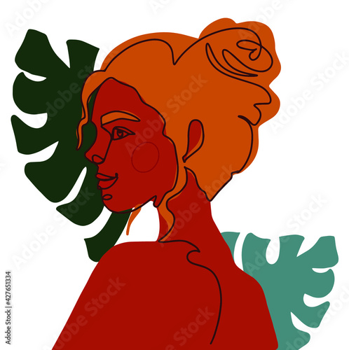 Beautiful tanned girl in line art style on the background of  tropical monstera leaves, flowers and shapes. Minimalist style. Aesthetic artwork in flat style. Summer fashion. Vector illustration 