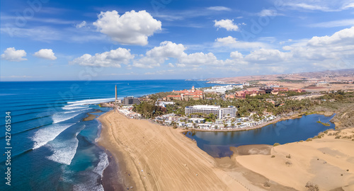 Aerial photos of Maspalomas beach, Lighthouse and town in Gran Canary, Spain