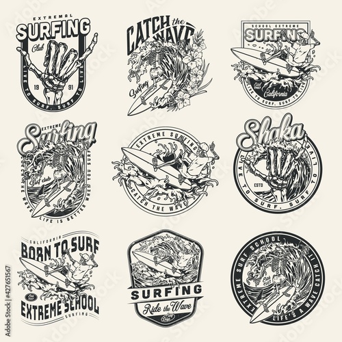 Surfing club vintage monochrome logos