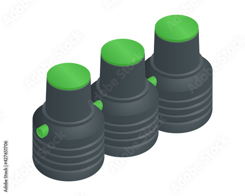Vector illustration plastic septic tank isolated on white background. Realistic waste water tank icon in flat cartoon style. Drainage tank. Wastewater treatment tank for underground septic system. 