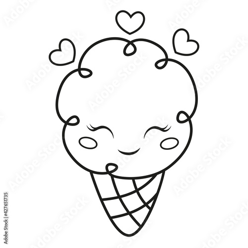 Kawaii ice cream cone in doodle style colorung page, cartoon vector outline