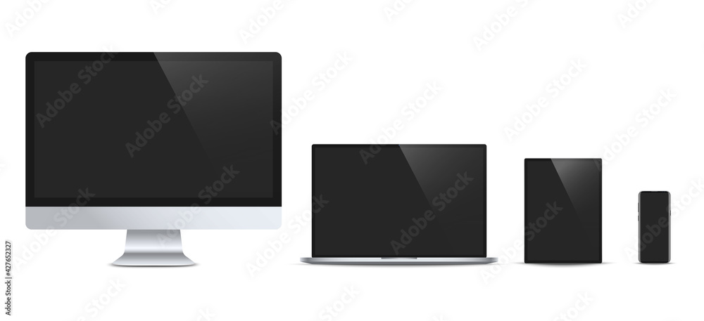 Set of realistic modern devices - desktop computer monitor, laptop, tablet, smartphone. Electronic gadgets isolated on white background. Mock up template for your design. Vector illustration Set of realistic modern devices - desktop computer monitor, laptop, tablet, smartphone. Electronic gadgets isolated on white background. Mock up template for your design. Vector illustration
