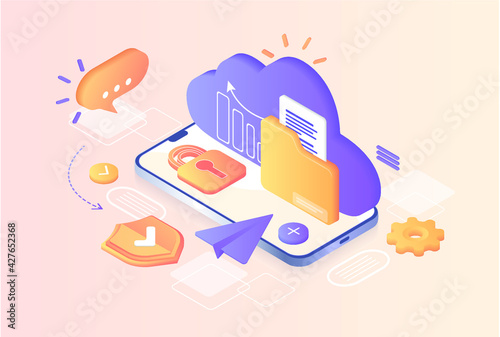 Database with cloud server, Data set, process, classification, database. Company process development structure. Data Center concept based. Business organization with circle gear mechanism. 