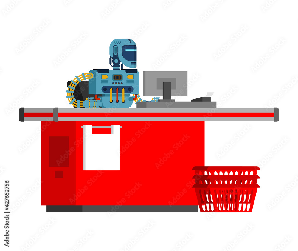 Robot at checkout counter in supermarket. Technology of future Robot at checkout counter in supermarket. Technology of future