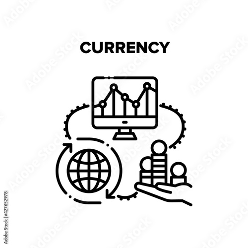 Currency Money Vector Icon Concept. Worldwide International Currency Money, Researching Infographic On Computer Screen And Trading On Financial Market. Heap Of Coins Holding Hand Black Illustration