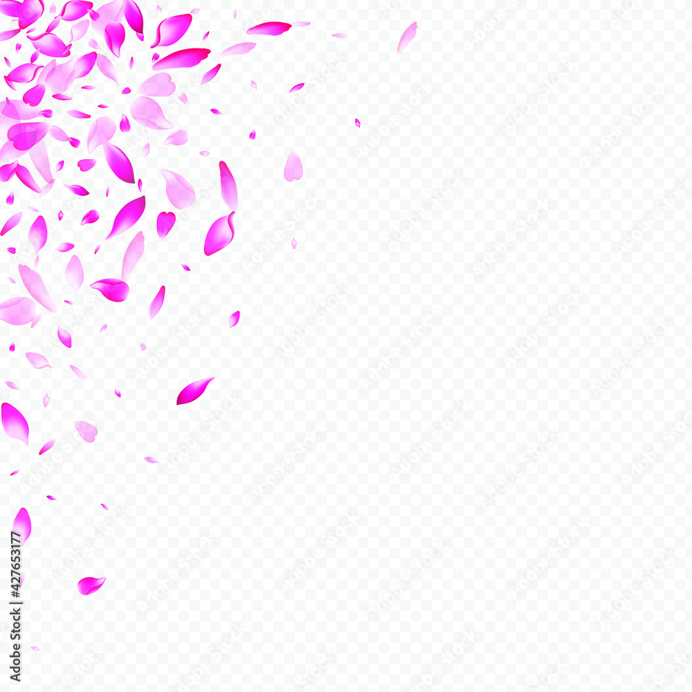 Fototapeta premium Light Sakura Vector Transparent Background. Flower Wallpaper Texture. Leaf Fly Banner. Peach Spa Template. Red Heart Invitation Cover.