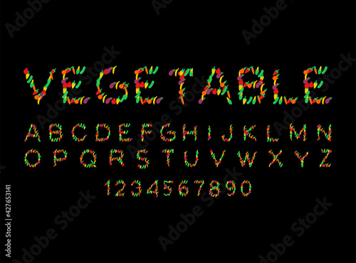 Vegetable font. Vegetarian alphabet. Letters from vegetable ABC. Corn and cucumber. Pepper and eggplant